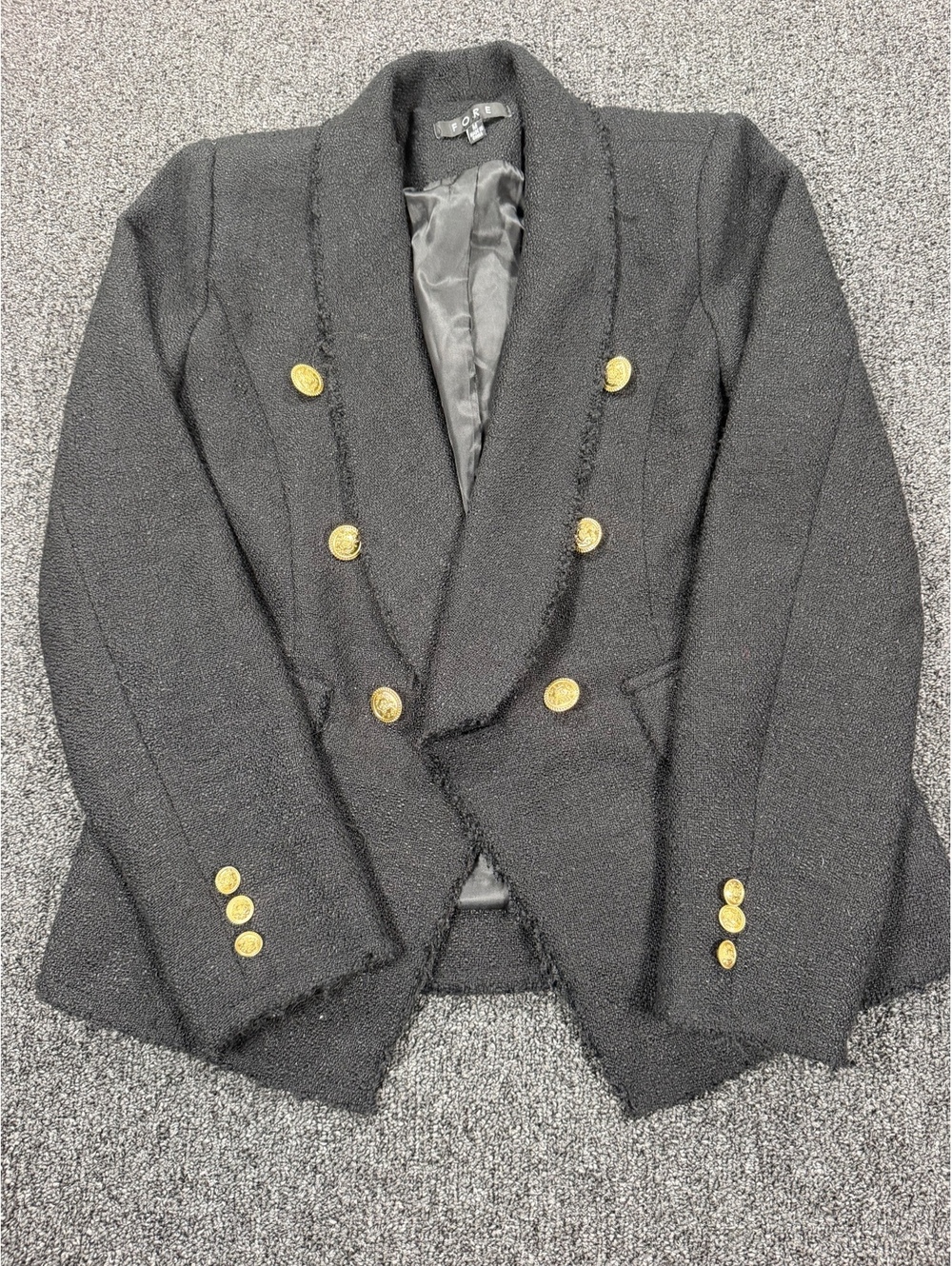 FORE Black Textured Double-Breasted Blazer with Gold Buttons, Size M